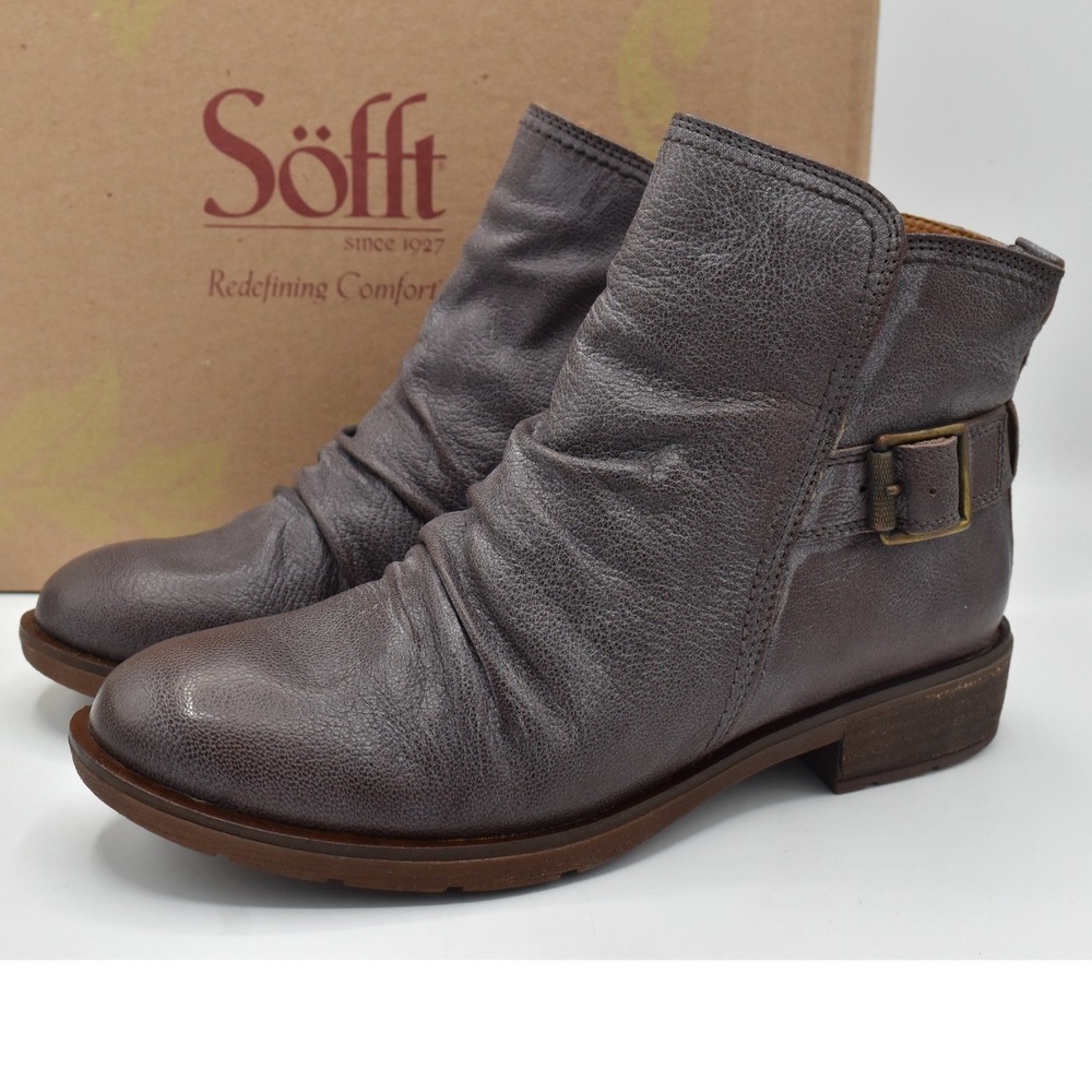 Sofft Brookdale Ankle Boot Women 10 Rustic Brown Leather Ruched Buckle Shoes